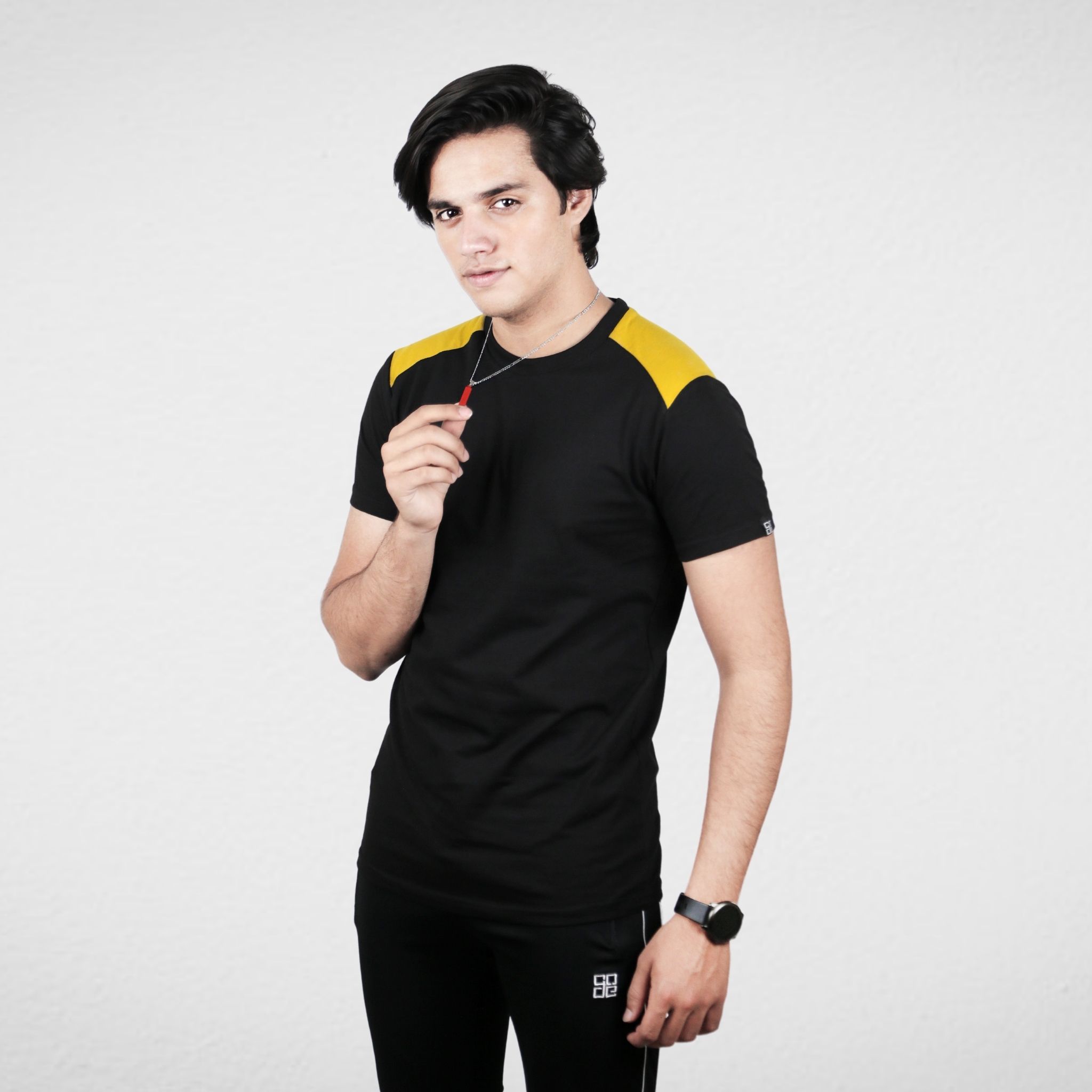 Black Half Sleeves T-shirt with Mustard Panel