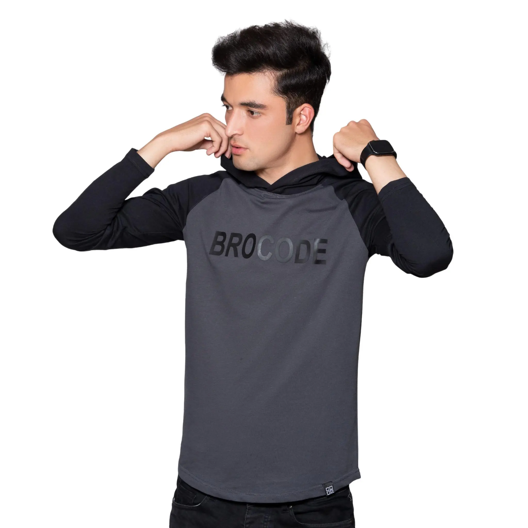 grey & black t-shirt with hood 2- brocode